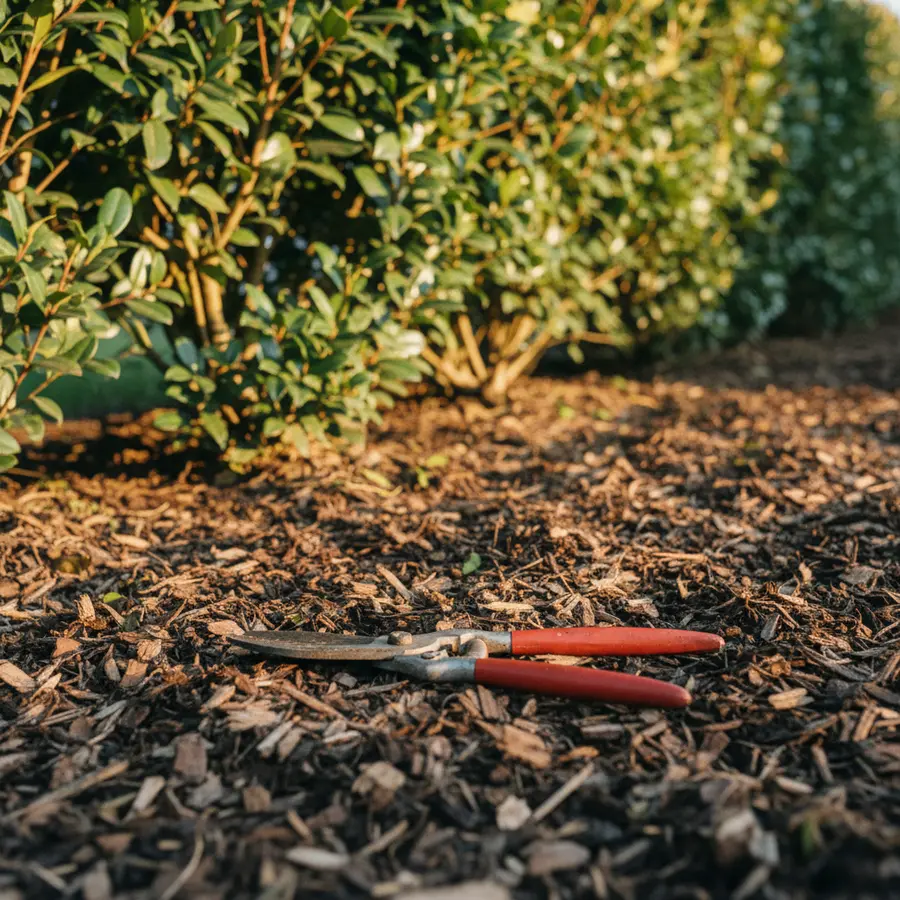 Portugiesischer Kirschlorbeer: Pflege, Pflanzen & Schnitt-Tipps - Photo Portugiesischer Kirschlorbeer Pflege nach Schnitt, Gartenschere auf Mulch im Garten