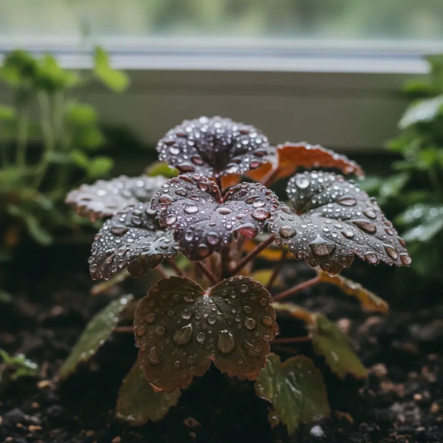 Purpurglöckchen (Heuchera): Pflege, Standort & schönste Sorten - Photo Purpurglöckchen Heuchera-Blätter mit Wassertropfen im Morgenlicht