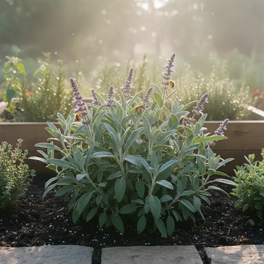 Salvia (Salbei): Alles über Arten, Pflege und Heilwirkung - Photo Salvia im Kräuterbeet bei Morgentau mit Bienen und Sonnenstrahlen