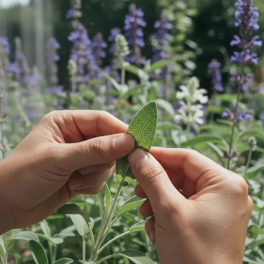 Salvia (Salbei): Alles über Arten, Pflege und Heilwirkung - Photo Salvia: Hand reibt Salbeiblatt im blühenden Garten im Frühsommer