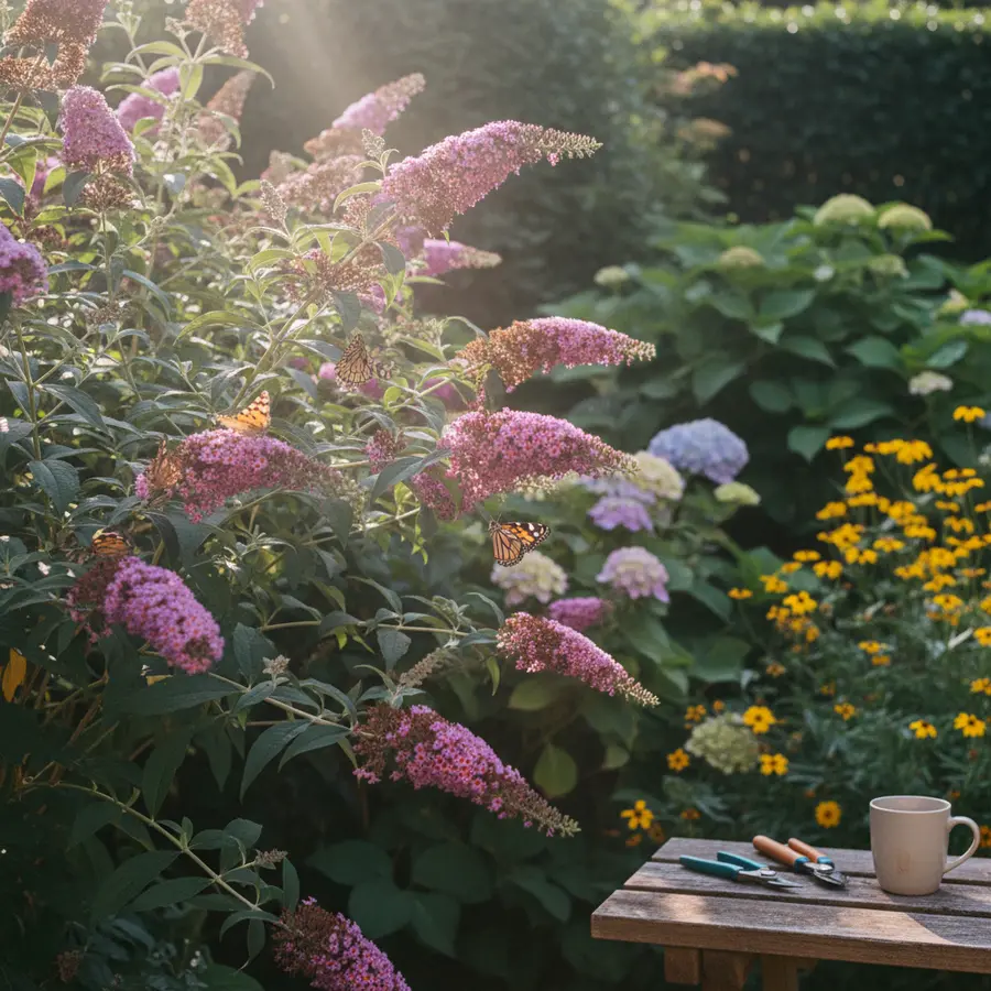 Sommerflieder kaufen: Beliebte Sorten & Tipps zur Pflege - Photo Sommerflieder kaufen: Sonnenlicht, Blüten, Schmetterlinge in frühlingshaftem Garten