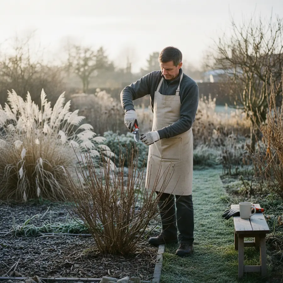 Sommerflieder schneiden: Der richtige Zeitpunkt & Anleitung - Photo Sommerflieder schneiden: Gärtner am Morgen im Garten beim Schneiden des Buschs
