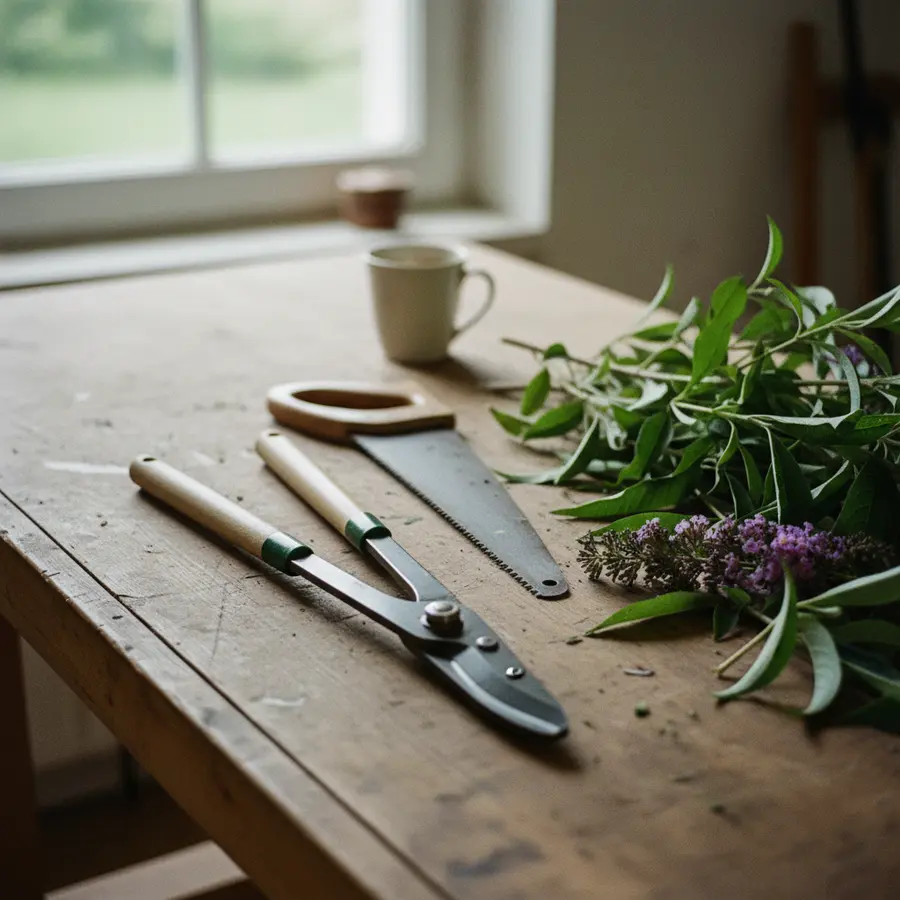 Sommerflieder schneiden: Der richtige Zeitpunkt & Anleitung - Photo Sommerflieder schneiden: Gartengeräte auf Holztisch mit Zweigen, Anleitung und Tipps