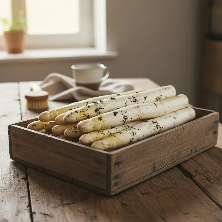 Spargel: Alles über Saison, Zubereitung & Gesundheit - Photo Frischer Spargel: Spargelstangen mit Erde in Holzkiste bei Morgenlicht