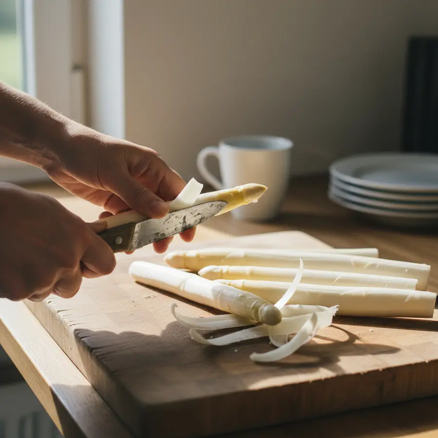 Spargel: Alles über Saison, Zubereitung & Gesundheit - Photo Spargel schälen: Hand mit Messer auf Holzbrett im Sonnenlicht