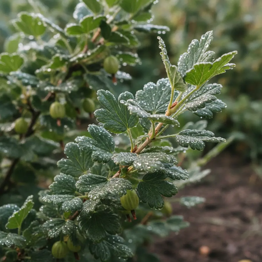 Stachelbeere: Richtig pflanzen, pflegen und ernten – Der Guide - Photo Stachelbeere: Frische Gartenstimmung mit Tautropfen auf Blättern am Morgen