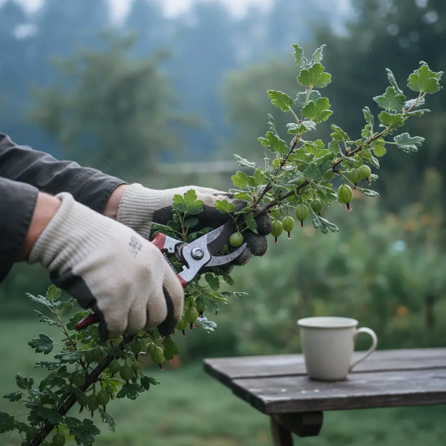 Stachelbeere: Richtig pflanzen, pflegen und ernten – Der Guide - Photo Stachelbeere: Hände schneiden Stachelbeerstrauch im Morgentau