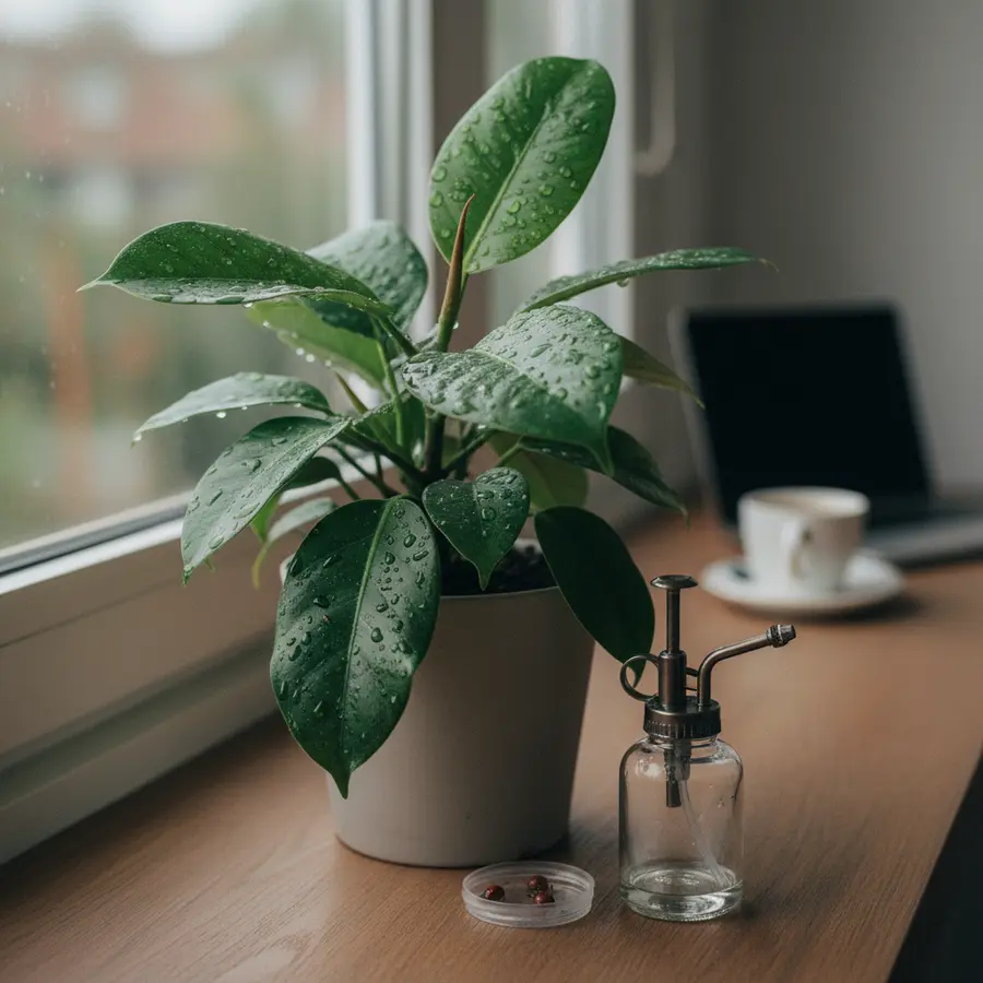 Thripse bekämpfen: Hausmittel, Nützlinge & effektive Tipps - Photo Thripse bekämpfen: Zimmerpflanze mit Tau, Blättern und kleinen Insekten vor Fenster