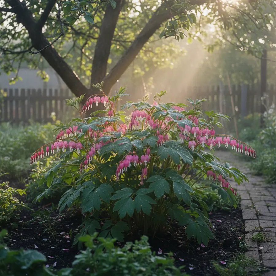 Tränendes Herz: Alles zu Pflege, Standort & Pflanzen - Photo Tränendes Herz im Morgensonnenlicht, Pflege, Standort und Pflanzen sichtbar