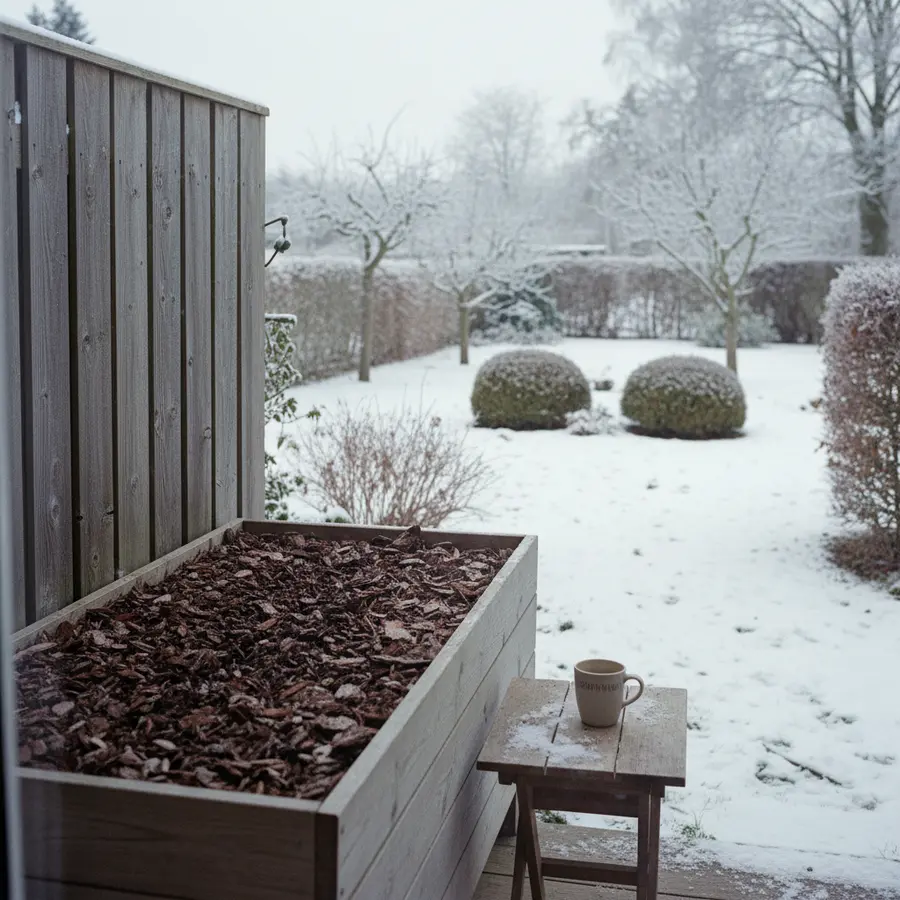 Tränendes Herz: Alles zu Pflege, Standort & Pflanzen - Photo Tränendes Herz im Winter, Pflege am verschneiten Gartenstandort mit Rindenmulch