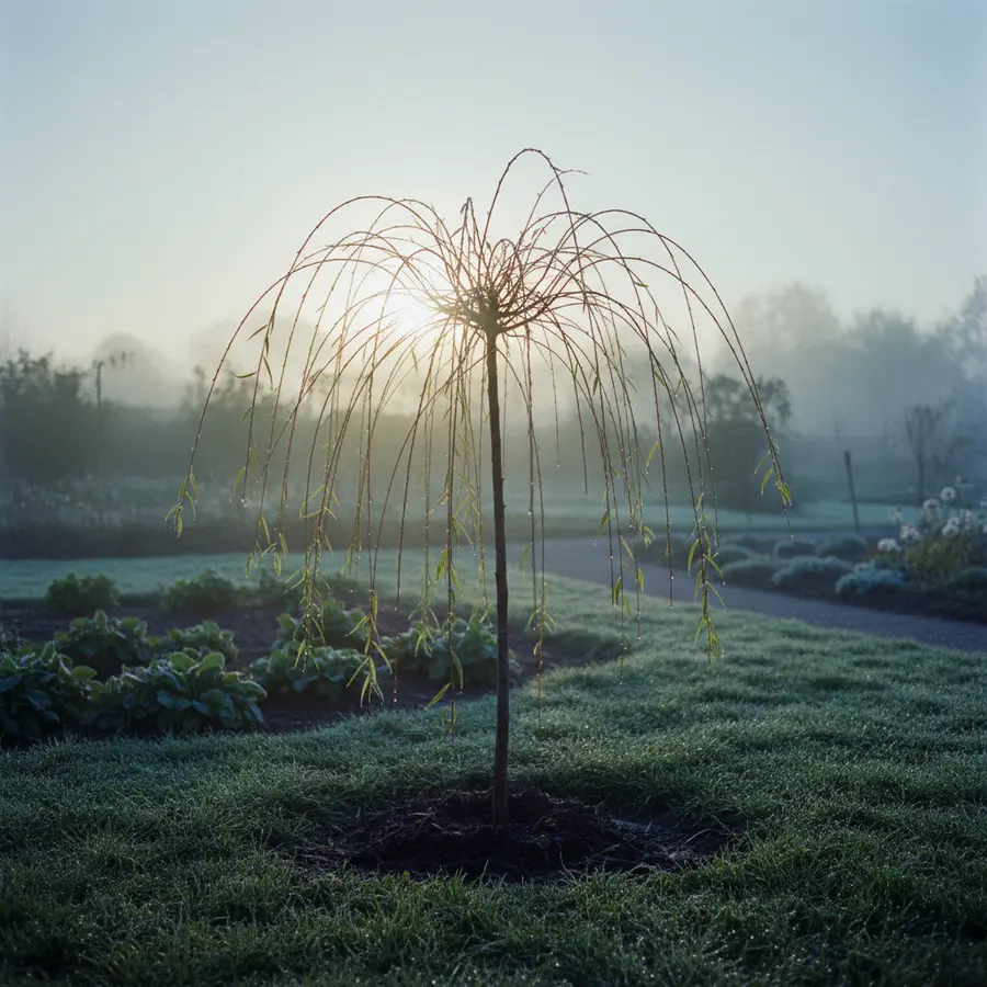 Trauerweide: Tipps zu Pflanzen, Pflege & Standort (Salix) - Photo Trauerweide im Morgengrauen mit Tau im Garten, frisch gepflanzt