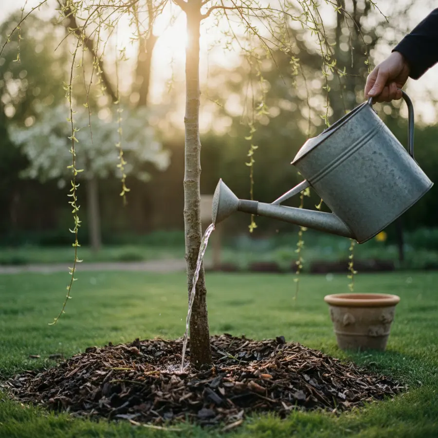 Trauerweide: Tipps zu Pflanzen, Pflege & Standort (Salix) - Photo Trauerweide Pflege: Gießkanne benetzt Mulchring am Baumgrund, goldenes Licht