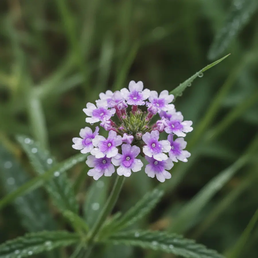 Verbene: Alles über Pflege, Arten und die Heilwirkung - Photo Verbene Pflege: Detailaufnahme der blühenden Verbene mit Tautropfen am Morgen