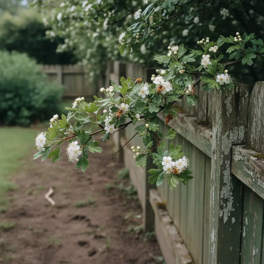Weißdornhecke kaufen: Robust, Blühend & Insektenfreundlich - Photo Weißdornhecke kaufen mit Morgentau, Bienen und Vogelspuren im Garten