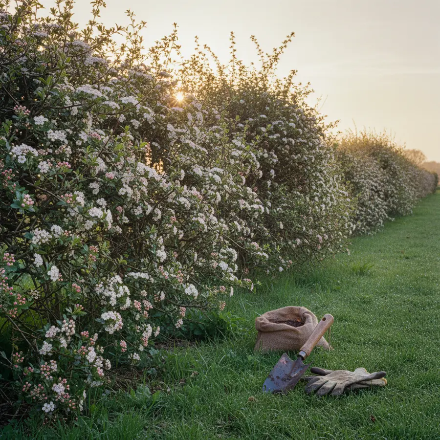 Weißdornhecke kaufen: Robust, Blühend & Insektenfreundlich - Photo Weißdornhecke kaufen bei Sonnenuntergang mit Gartengerät im Gras