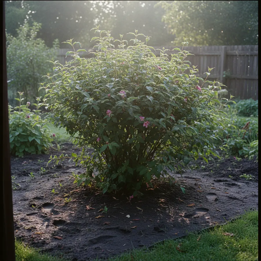 Weigelie: Pflanzen, Pflege & die schönsten Sorten im Überblick - Photo Weigelie im Morgengrauen mit Sonnenstrahlen und Barfußspuren im Tau