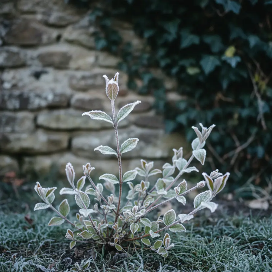 Weigelie: Pflanzen, Pflege & die schönsten Sorten im Überblick - Photo Weigelie mit Raureif und Efeu an Steinmauer, Pflanzenpflege im Winter