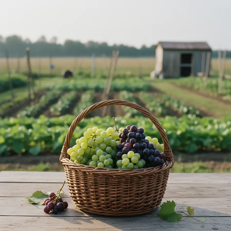 Weintrauben: Alles über Sorten, Vitamine & die richtige Lagerung - Photo Weintrauben: Frisch geerntete Trauben im Bauerngarten mit Morgentau