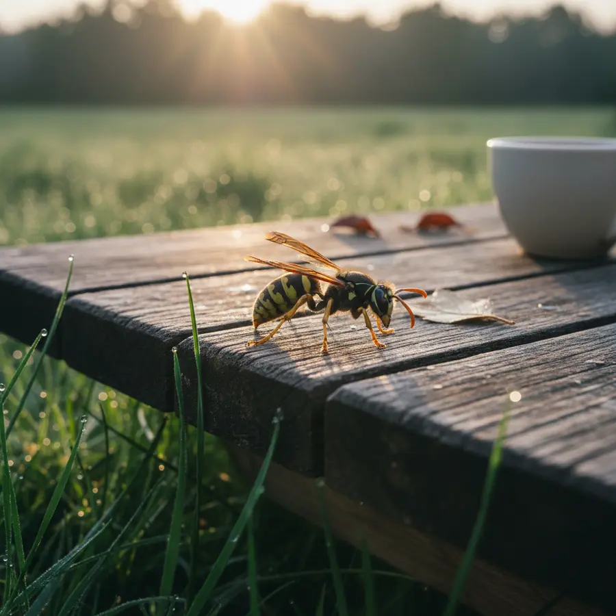 Wespenkönigin erkennen: Alles zu Aussehen, Verhalten & Nestbau - Photo Wespenkönigin auf Holztisch im Gras bei Morgensonne erkennen