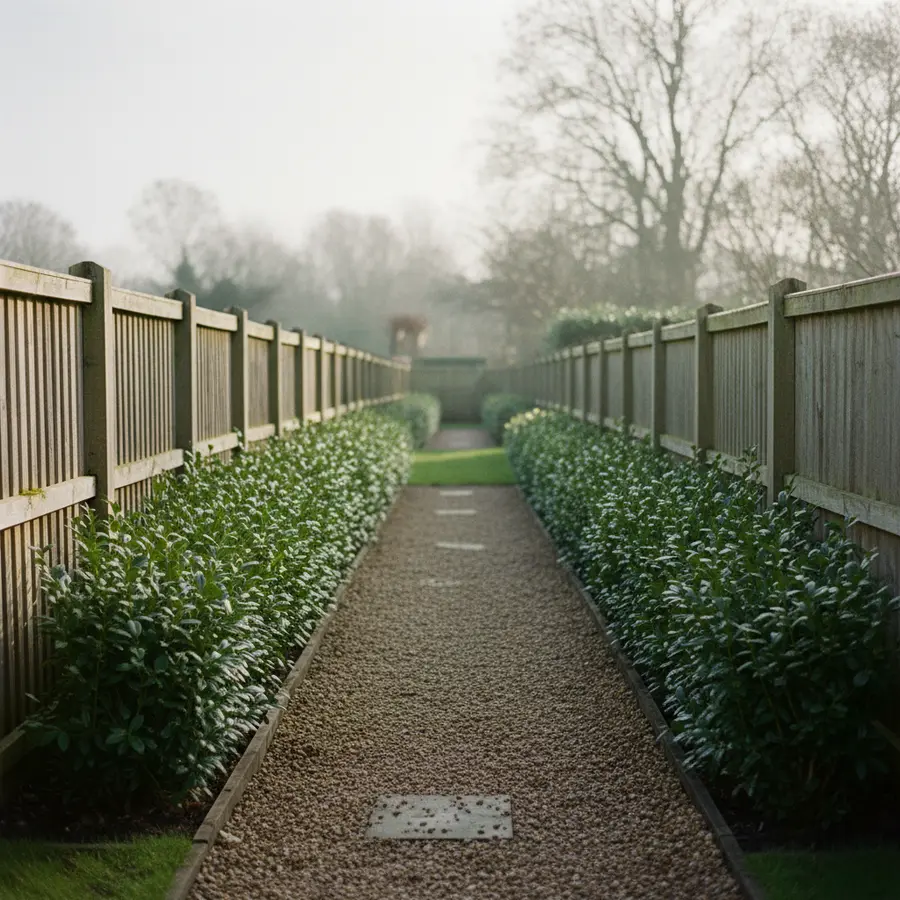 Wintergrüner Liguster 'Atrovirens' kaufen – Idealer Sichtschutz - Photo Wintergrüner Liguster 'Atrovirens' kaufen, junger Sichtschutz entlang Gartenweg mit Tau