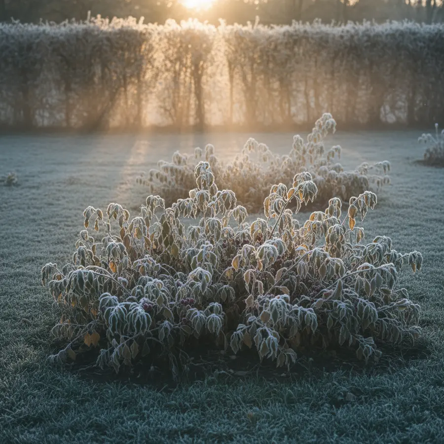 Winterkirsche: Alles über Wirkung, Pflege & Ashwagandha-Vorteile - Photo Winterkirsche im Wintergarten, eingerahmt von Nebel und goldener Morgensonne