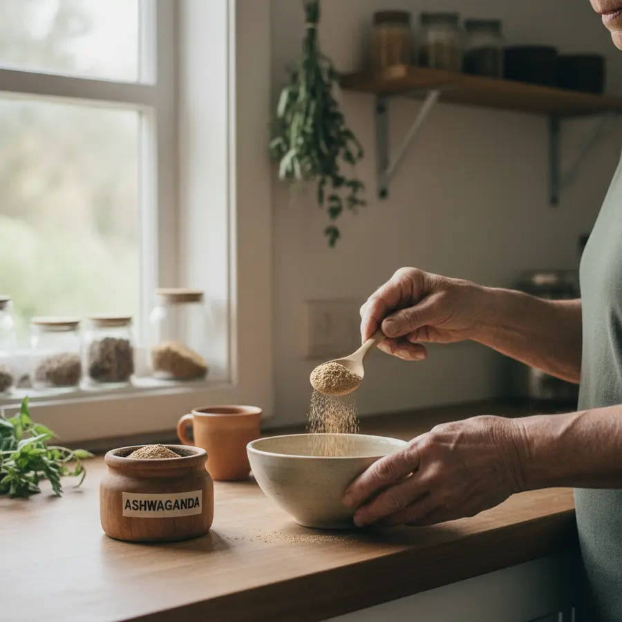 Winterkirsche: Alles über Wirkung, Pflege & Ashwagandha-Vorteile - Photo Alte Gärtnerhände geben Ashwagandha-Pulver in Schale – Winterkirsche Ernährung
