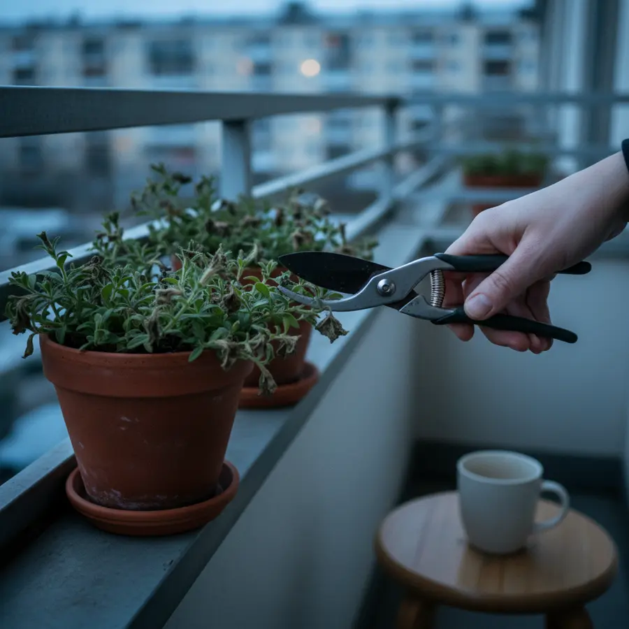 Zauberglöckchen pflegen: Tipps zu Standort & Überwinterung - Photo Zauberglöckchen pflegen: Hand schneidet verwelkte Blätter auf Balkon in Winterdämmerung