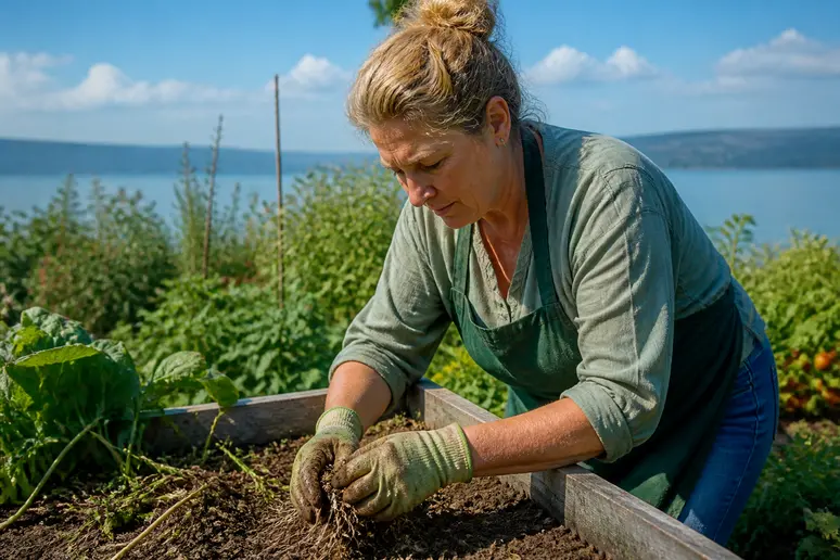Gärtnerin entfernt Ackerwindenwurzeln im naturnahen Garten am Bodensee mit Sorgfalt.