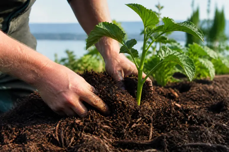 Hand verteilt organischen Mulch großzügig um Pflanzen zur Verhinderung der Ausbreitung von Ackerwinden.