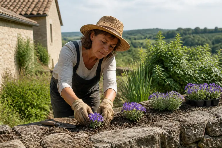 Une jardinière expérimentée sélectionne l'emplacement idéal pour ses aubriétias le long d'un muret en pierre ensoleillé.