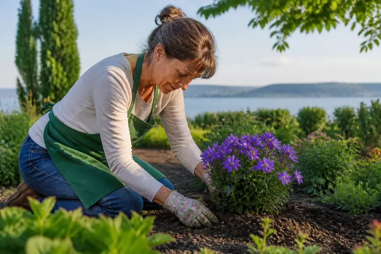 Frau prüft den Boden um blühende Glockenblumen am Bodensee, um ideale Wachstumsbedingungen zu gewährleisten.
