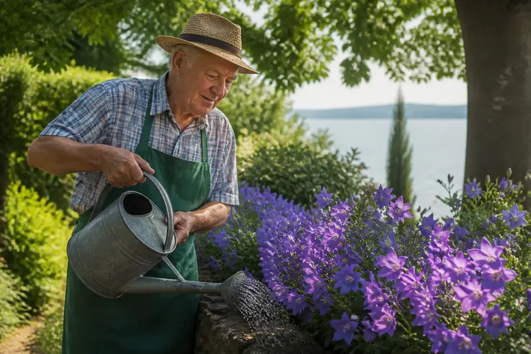 Ein älterer Gärtner wässert sorgfältig Campanula-Pflanzen in seinem naturnahen Garten am Bodensee.