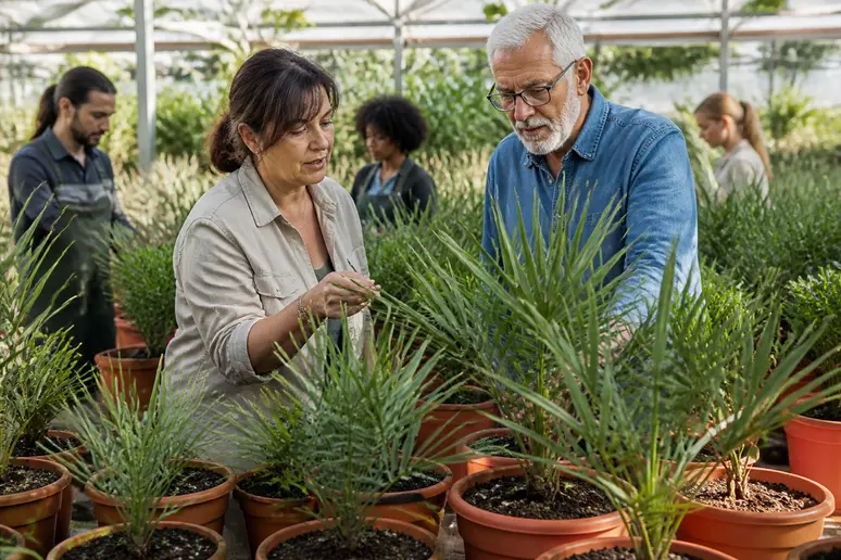 Un couple de jardiniers examine de jeunes palmiers dattiers en pots dans une serre lumineuse.