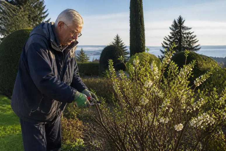 Ein älterer Mann mit Gartenschere schneidet fachmännisch eine Deutzie, um die Blütenpracht für das kommende Jahr zu fördern.
