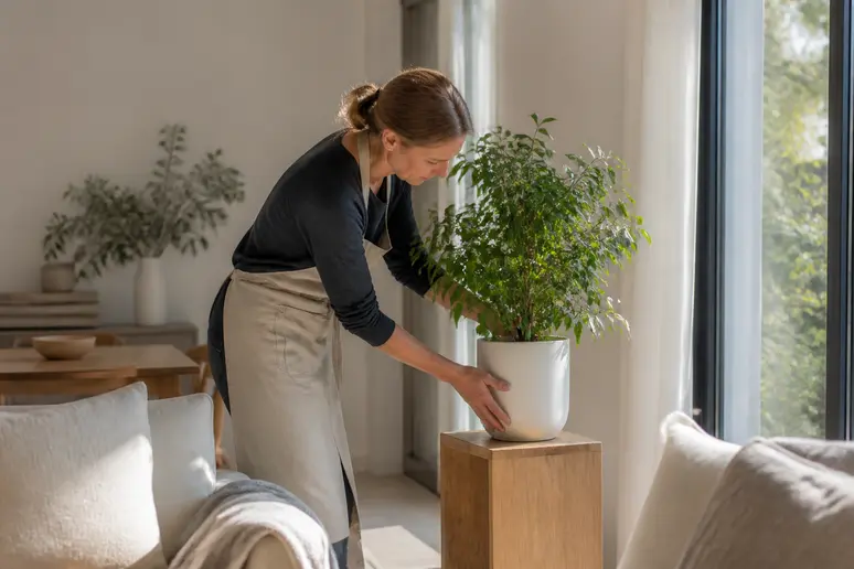 Une femme ajuste un Ficus Benjamina près d'une fenêtre, recherchant la lumière idéale pour la plante.