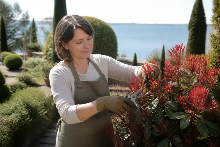 Eine deutsche Frau pflegt eine leuchtend rote Glanzmispel 'Red Robin' in ihrem sonnigen Garten am Bodensee mit Blick auf den See.
