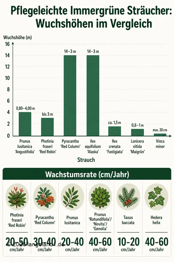 Vergleich der maximalen Wuchshöhen und Wachstumsraten von pflegeleichten immergrünen Sträuchern für den Garten.