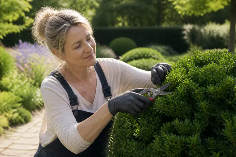 Une femme soigneusement taille un arbuste persistant luxuriant dans un jardin ensoleillé, avec une lumière douce.