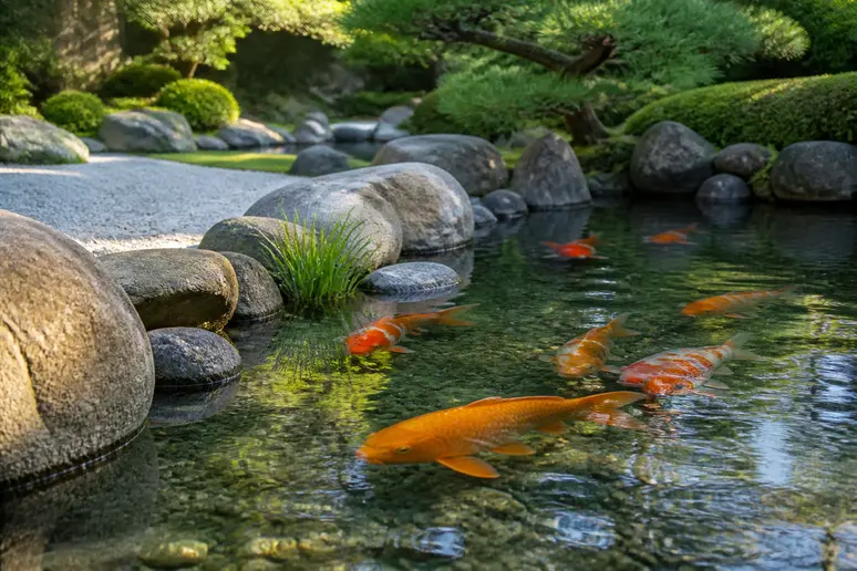 Orangefarbene Karpfen schwimmen in einem ruhigen Teich, umgeben von sorgfältig platzierten Steinen in einem Düsseldorfer japanischen Garten.