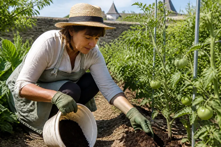 Une jardinière française disperse du marc de café séché autour de ses plants de tomates.