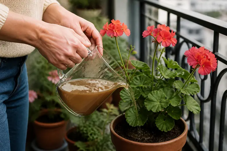Des mains arrosent délicatement un géranium en pot avec une solution diluée de café froid.