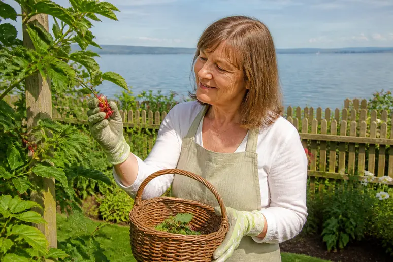Une jardinière attentive observe des baies de mini-kiwi sur une vigne dans un jardin au bord du lac.