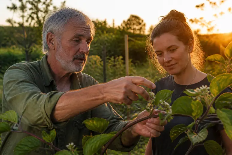 Un jardinier expérimenté explique la pollinisation des kiwis à une plus jeune femme dans un verger.