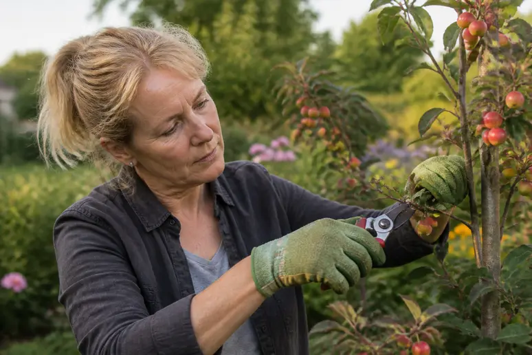 Eine Gärtnerin in Deutschland beschneidet einen Zierapfelbaum mit kleinen, roten Früchten in einem sonnigen Garten.