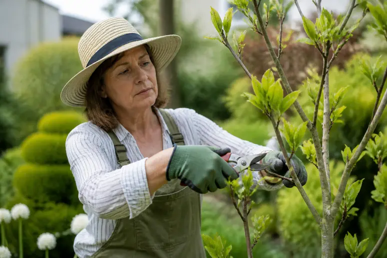 Une jardinière expérimentée guide la croissance d'une jeune magnolia avec précision dans son jardin.