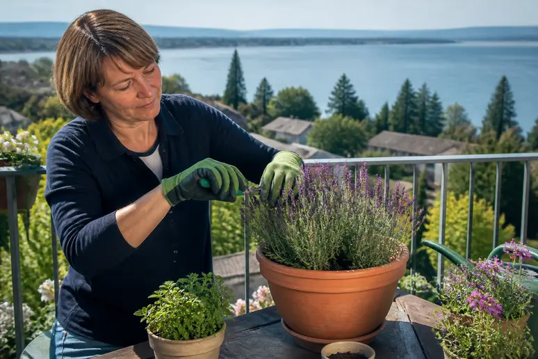 Eine Gärtnerin in Deutschland pflegt und schneidet Lavendel in einem Topf auf einem sonnigen Balkon mit Blick auf den Bodensee.