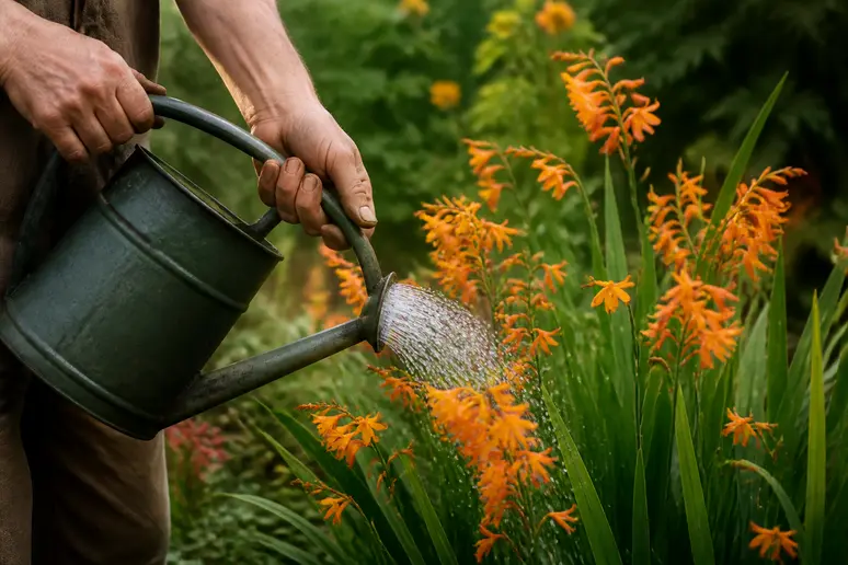 Gärtnerin pflegt blühende Montbretien am Bodensee durch gezieltes Gießen, um Staunässe zu vermeiden. (Gardener tends blooming Montbretia near Lake Constance with targeted watering to avoid waterlogging.)
