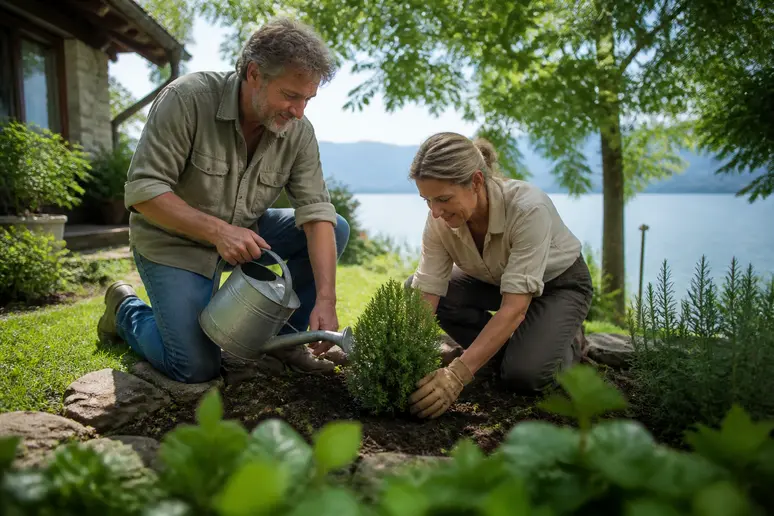 Couple européen plantant un conifère nain dans un petit jardin au bord d'un lac.