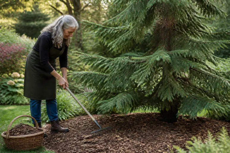 Jardinière expérimentée étalant du paillis d'écorce au pied d'un conifère ensoleillé.