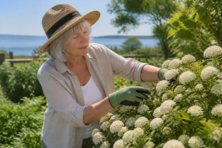 Eine Gärtnerin mit grauen Haaren pflegt im Bodenseegarten eine blühende niedrige Hecke an einem sonnigen Tag.